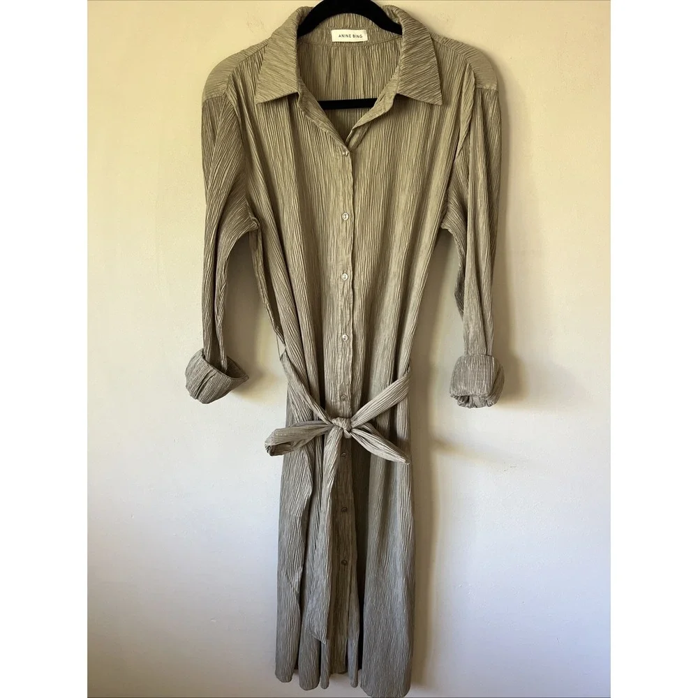 Anine Bing Alma Pleated Shirt Midi Dress Size Small Belted Green Khaki Modern